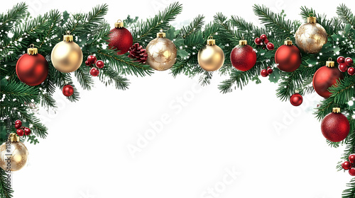 Wallpaper Mural Christmas Border with Ornaments, Pine Branches, and Berries on a White Background Torontodigital.ca