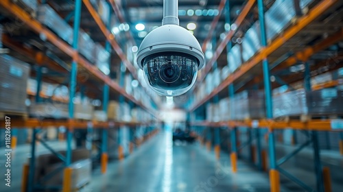 A security camera in a warehouse focuses on monitoring and protecting inventory in organized aisles. photo