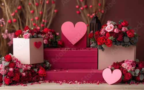 A romantic table adorned with vibrant flowers and heart-themed decorations, creating an enchanting atmosphere perfect for celebrating love on Valentine's Day.