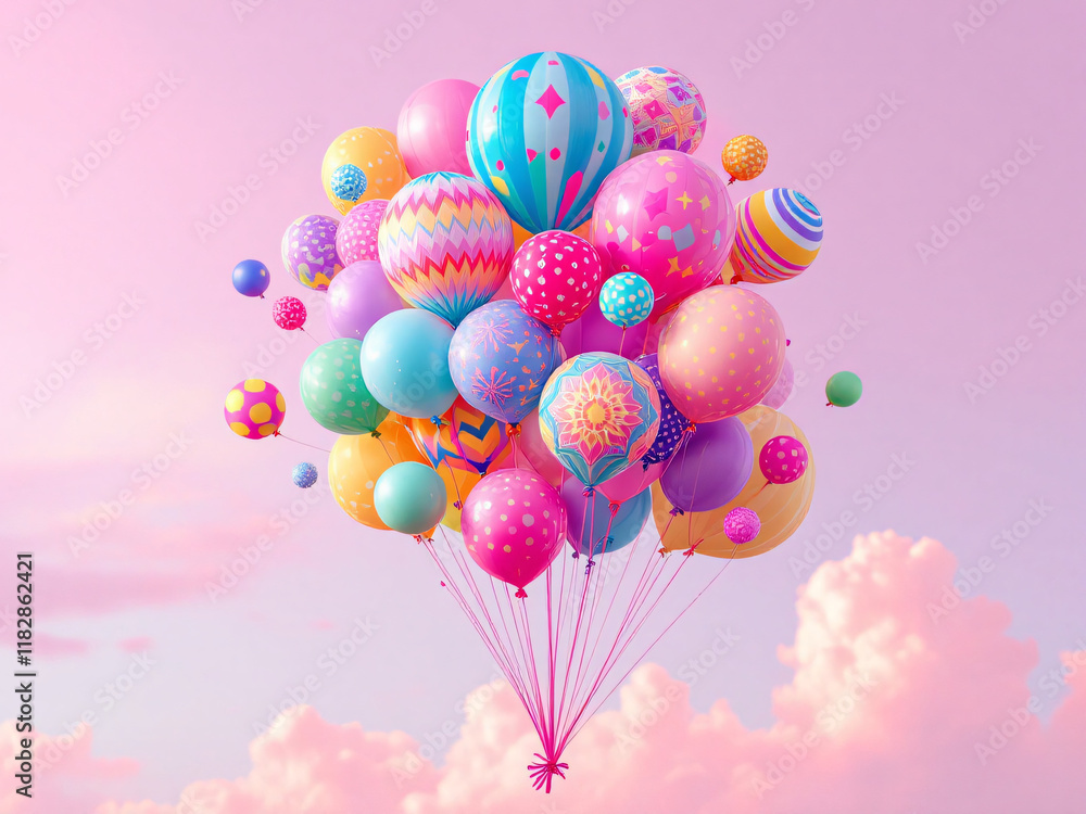 Fototapeta premium Colorful balloons floating against a light blue background.