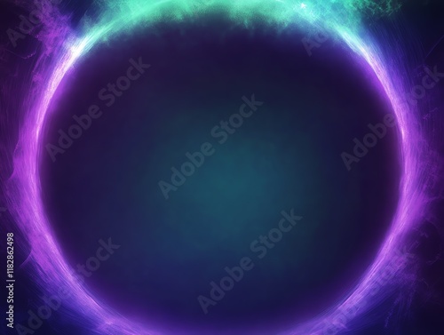 radiant circular glow frame with vibrant purple and cyan nebula-like accents on dark gradient background, ideal for futuristic themed advertising or design concepts photo