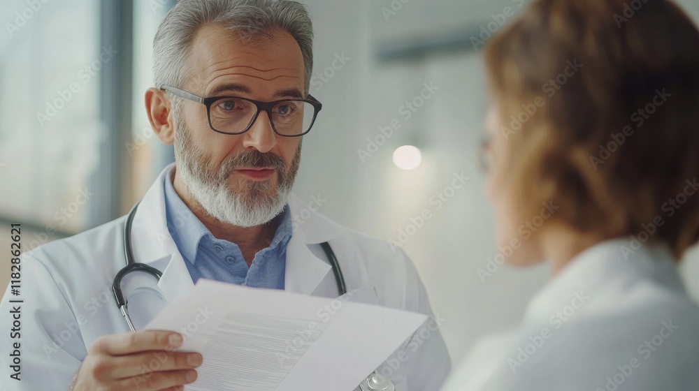 Obraz premium Friendly doctor in glasses explaining medical document to patient, sharing health information, healthcare communication concept