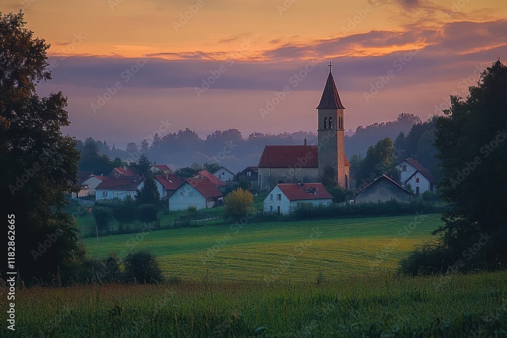 Fototapeta premium Tranquil Rural Landscape at Dusk with Village Church Tower and Soft Pastel Sky Over Lush Green Fields