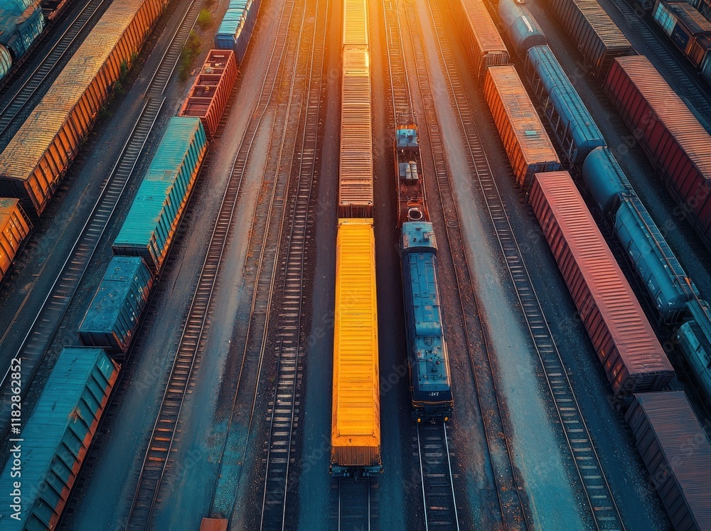 Aerial View of Train Yard with Vibrant Tracks and Locomotives at Golden Hour Aerial View of Train Yard with Vibrant Tracks and Locomotives at Golden Hour