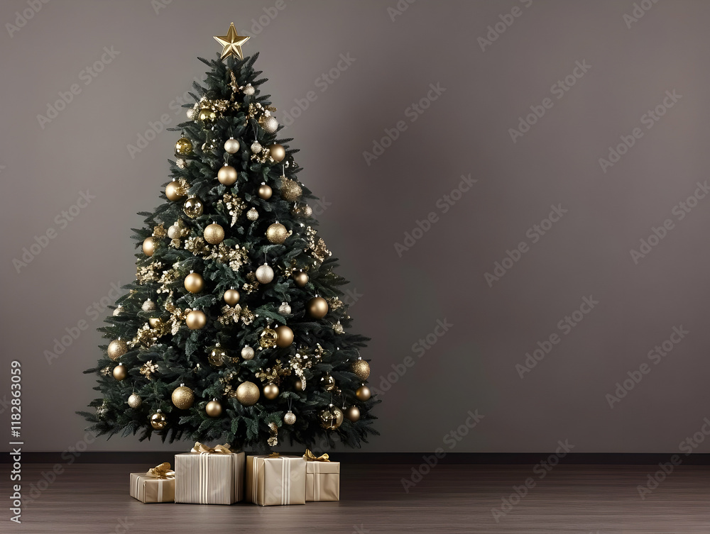 Christmas Tree Decorated with Golden Ornaments and Presents Underneath Stands Majestically Christmas Tree Decorated with Golden Ornaments and Presents Underneath Stands Majestically
