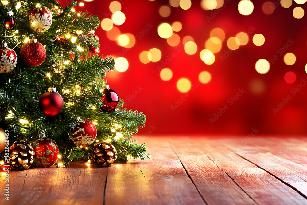 Decorated Christmas tree with ornaments and lights on a wooden table with bokeh background. Decorated Christmas tree with ornaments and lights on a wooden table with bokeh background.