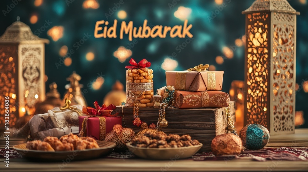 Fototapeta premium Festive Eid Mubarak Gifts Sweets And Lanterns