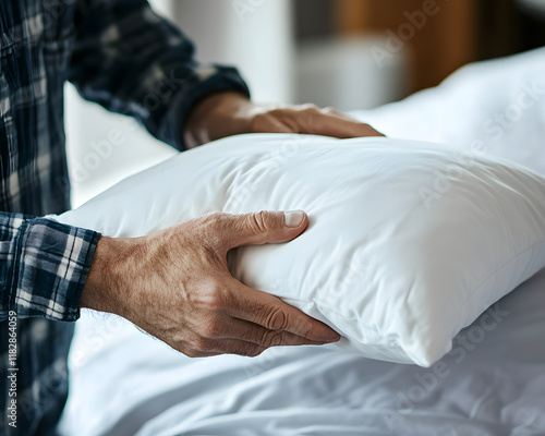 Person Holding White Pillow Above White Bedding