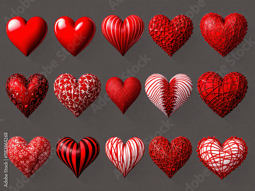 Diverse collection of red hearts in various textures and styles, symbolizing love and creativity.