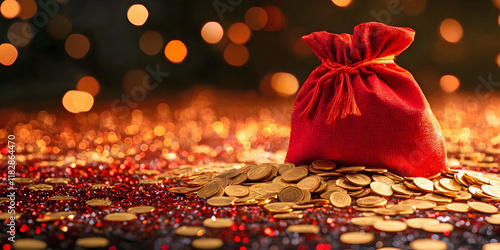 christmas and new year chinese bag with golden coins, ai generated. photo