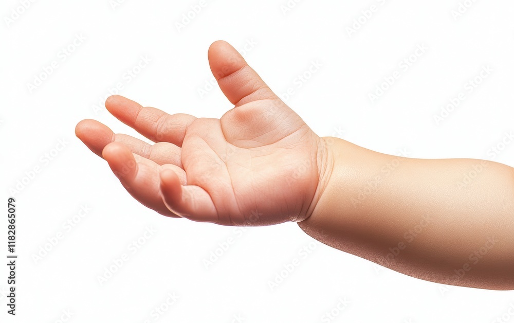 A childs hand with chubby fingers pointing upward, isolated on a clean white background A childs hand with chubby fingers pointing upward, isolated on a clean white background