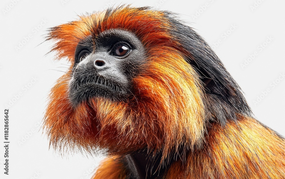 A close-up of a tamarin monkey with its unique facial fur against a white backdrop A close-up of a tamarin monkey with its unique facial fur against a white backdrop