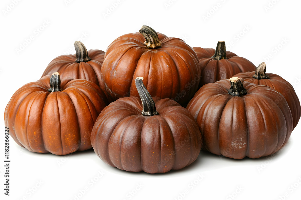 Six Ripe Brown Pumpkins Clustered Together on a White Background Six Ripe Brown Pumpkins Clustered Together on a White Background