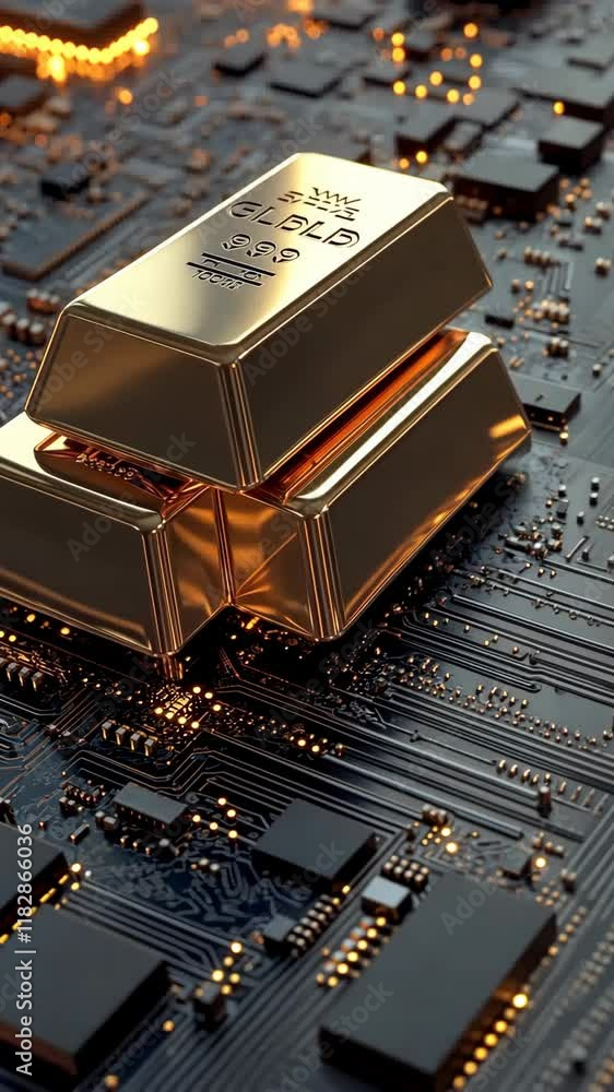 Gold bars resting on a circuit board with intricate electronic components and glowing connections at nighttime Gold bars resting on a circuit board with intricate electronic components and glowing connections at nighttime