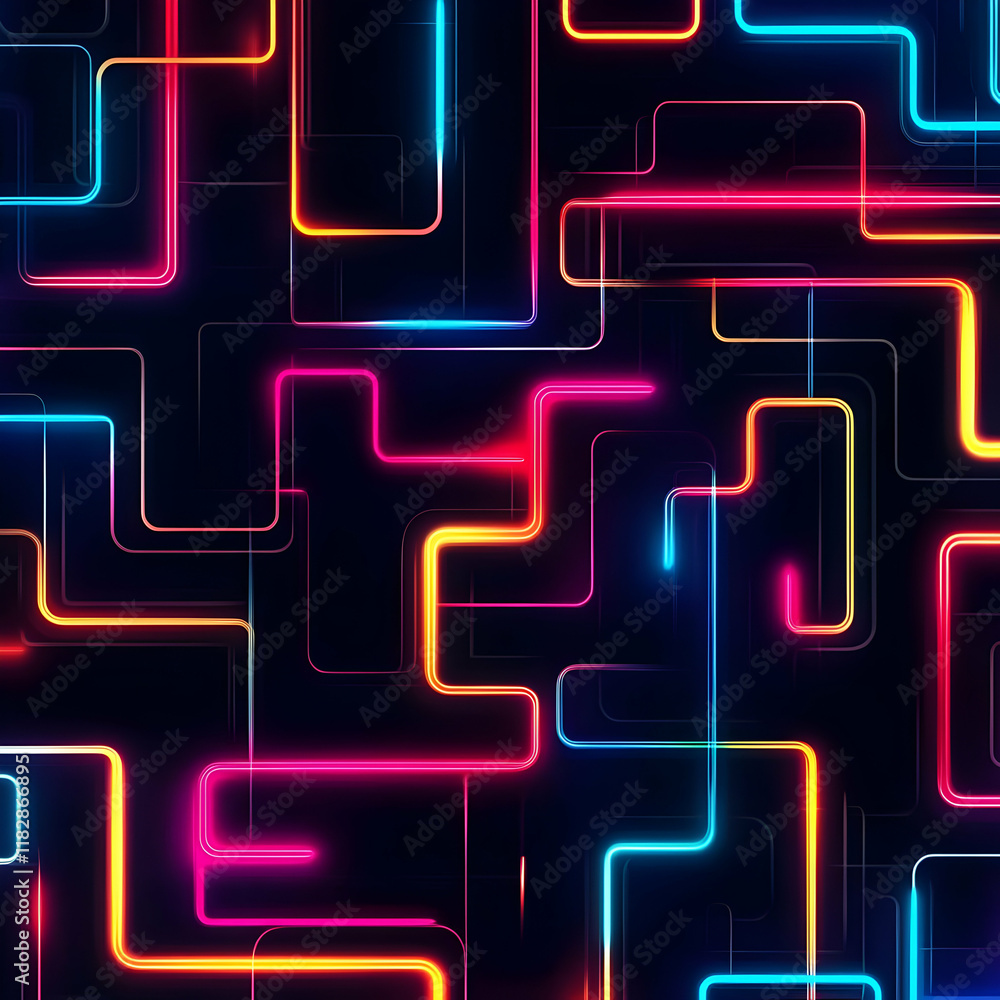 Vivid Neon Lights Form an Abstract Circuit Board Design on a Dark Background. Vivid Neon Lights Form an Abstract Circuit Board Design on a Dark Background.