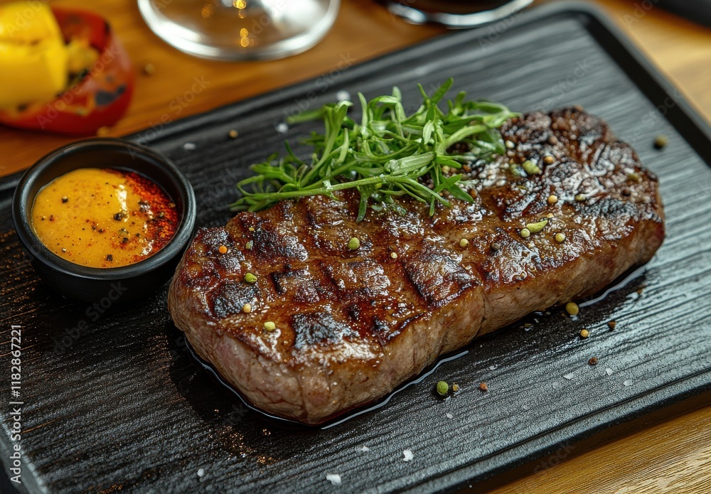 Grilled Steak with Fresh Herbs and Spicy Sauce on a Black Plate, Gourmet Dining Experience in a Modern Restaurant Setting Grilled Steak with Fresh Herbs and Spicy Sauce on a Black Plate, Gourmet Dining Experience in a Modern Restaurant Setting