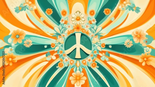 Groovy Peace Symbol with Retro 70s Flower Power Burst Design