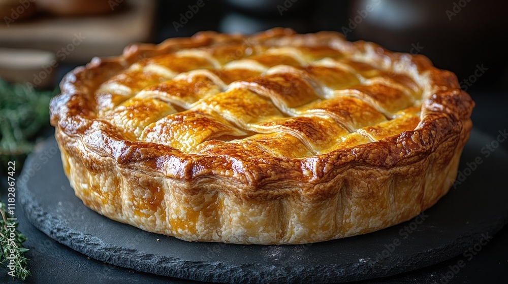 Freshly Baked Meat Pie Golden Crust Aromatic Filling Homemade Rustic Dinner Dish Freshly Baked Meat Pie Golden Crust Aromatic Filling Homemade Rustic Dinner Dish