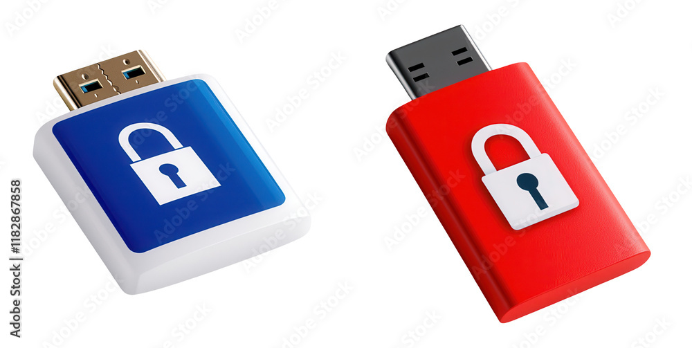 Two USB drives featuring padlock designs, one blue and white, the other red, symbolizing data security and protection. Two USB drives featuring padlock designs, one blue and white, the other red, symbolizing data security and protection.
