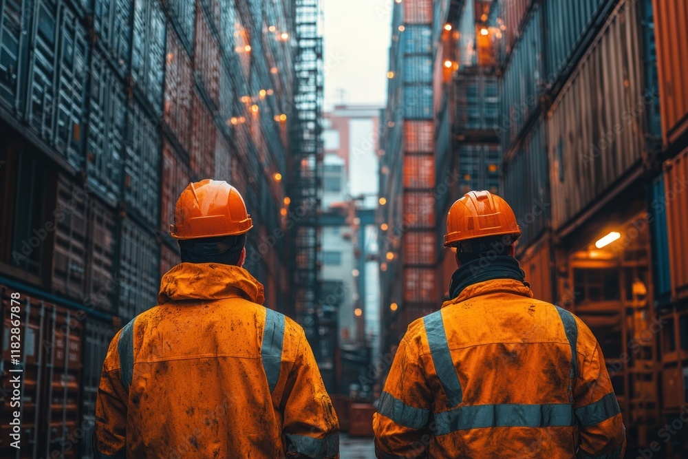 Construction Workers in High-Visibility Gear at Shipping Container Yard Under Sunlight Construction Workers in High-Visibility Gear at Shipping Container Yard Under Sunlight