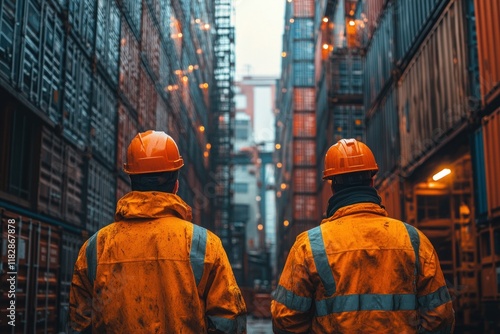 Construction Workers in High-Visibility Gear at Shipping Container Yard Under Sunlight