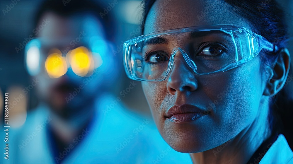 Lab researchers conduct experiments in a modern science facility during evening hours Lab researchers conduct experiments in a modern science facility during evening hours