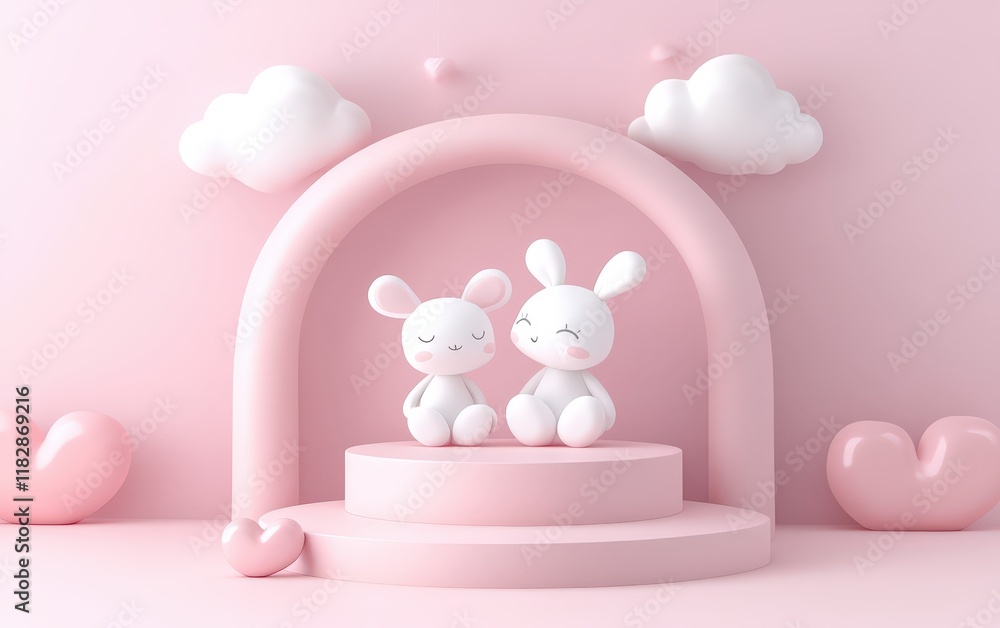 Two adorable white teddy bears cuddle together on a soft pink platform, radiating warmth and love, perfect for a Valentine's Day celebration. Two adorable white teddy bears cuddle together on a soft pink platform, radiating warmth and love, perfect for a Valentine's Day celebration.