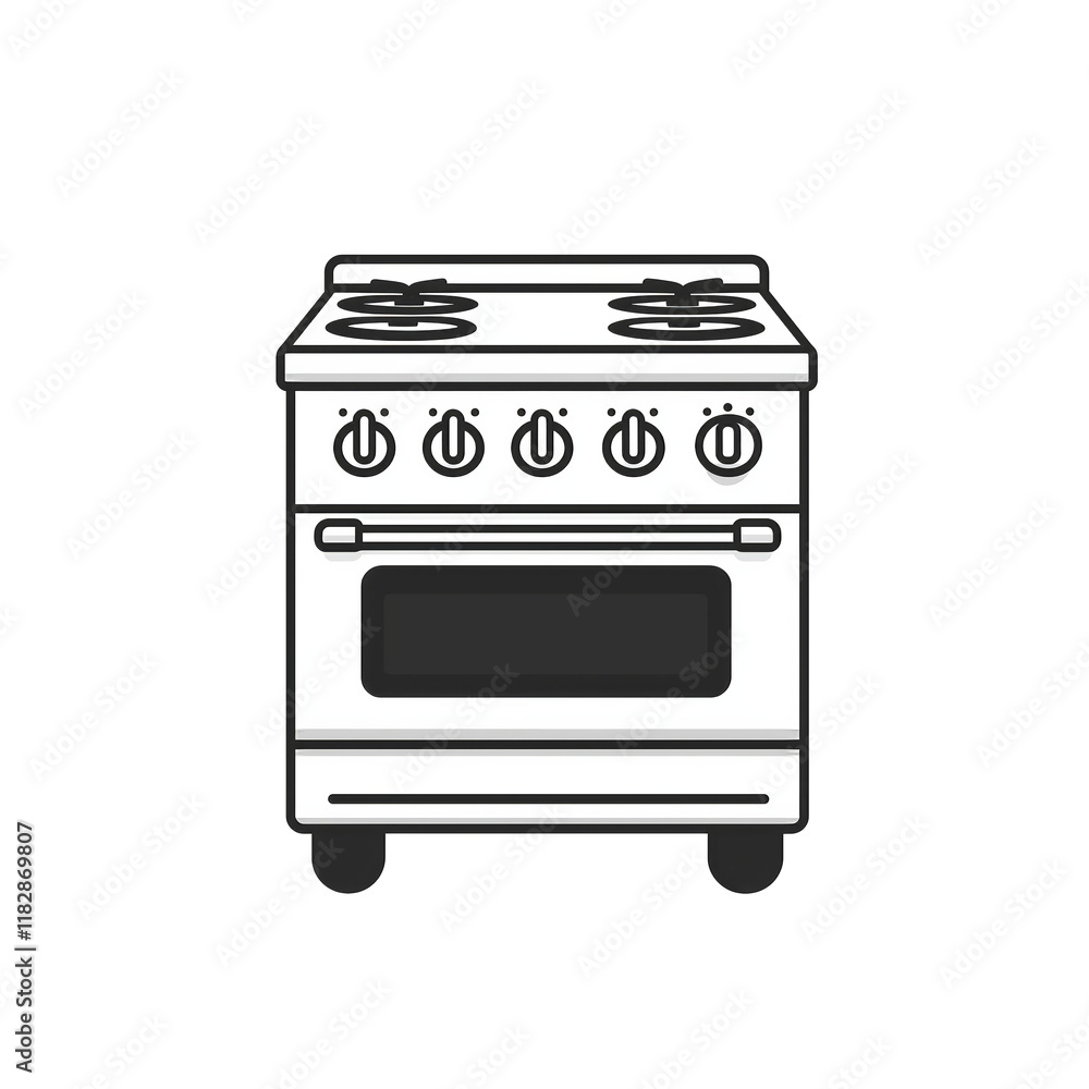 PNG cut out isolated background. A simple black-and-white illustration of a modern oven with stovetop burners, featuring a flat and clean design. PNG cut out isolated background. A simple black-and-white illustration of a modern oven with stovetop burners, featuring a flat and clean design.