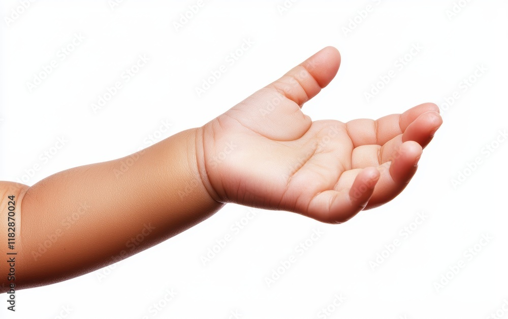 A childs hand with chubby fingers pointing upward, isolated on a clean white background A childs hand with chubby fingers pointing upward, isolated on a clean white background