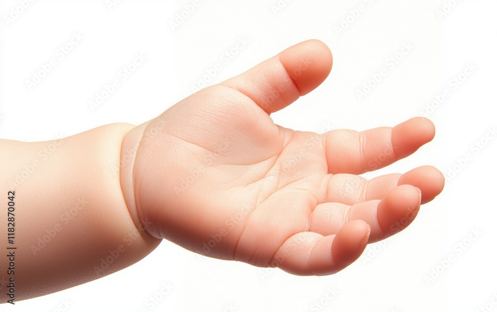 A childs hand with chubby fingers pointing upward, isolated on a clean white background A childs hand with chubby fingers pointing upward, isolated on a clean white background