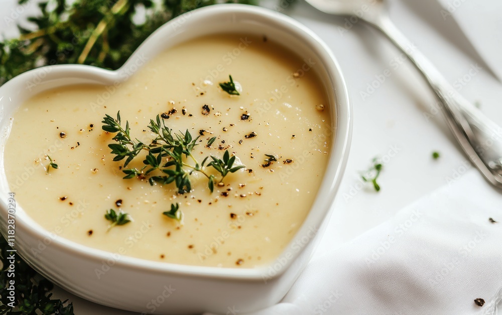 A heart-shaped bowl of creamy soup garnished with herbs, photographed on a white backdrop A heart-shaped bowl of creamy soup garnished with herbs, photographed on a white backdrop