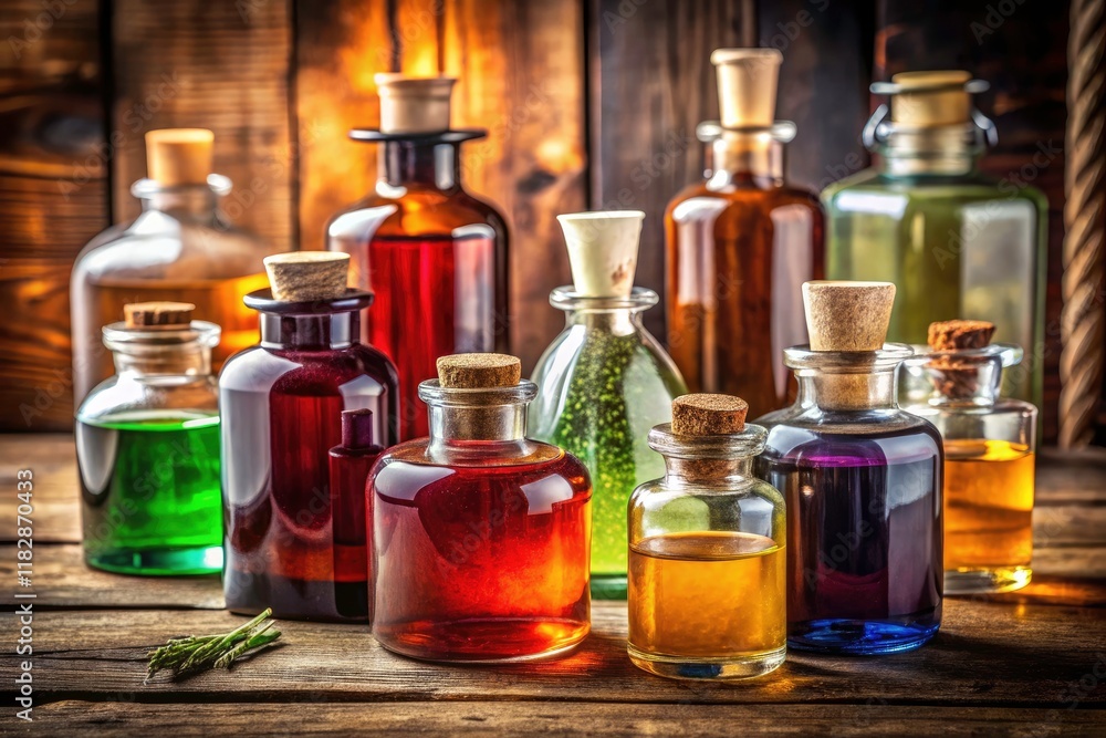A collection of antique medicine bottles with blank labels, creating a nostalgic old pharmacy scene. A collection of antique medicine bottles with blank labels, creating a nostalgic old pharmacy scene.