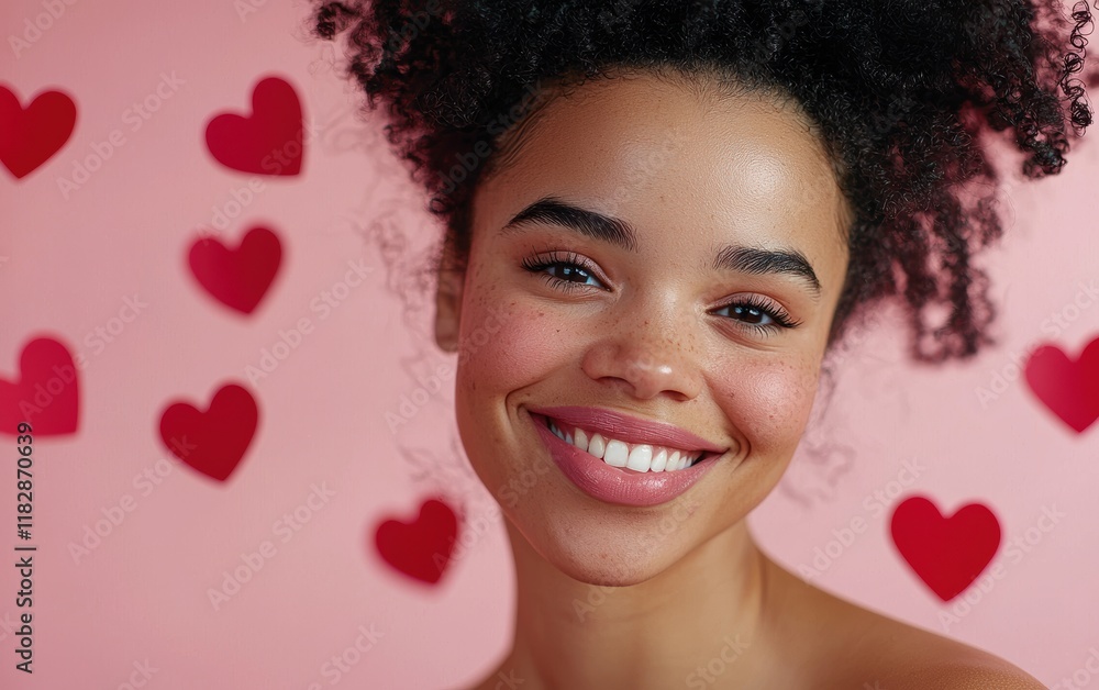 A close-up portrait of a smiling woman with soft pink lipstick, set against a pastel pink background with floating red hearts for Saint Valentines Day A close-up portrait of a smiling woman with soft pink lipstick, set against a pastel pink background with floating red hearts for Saint Valentines Day