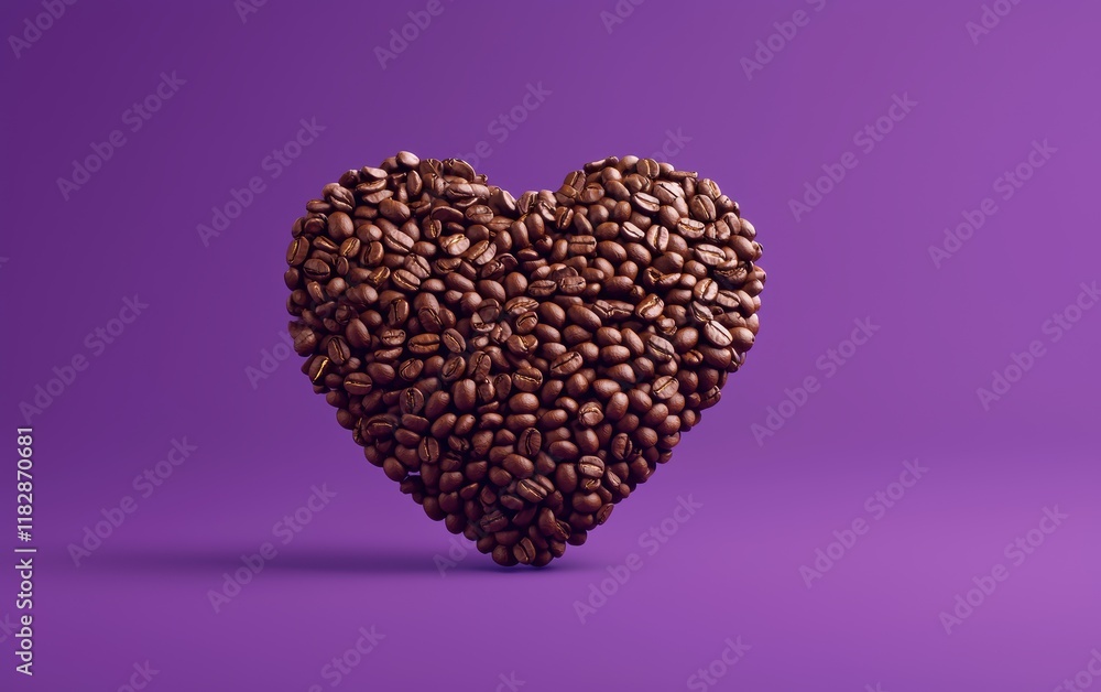 A heart-shaped pile of roasted coffee beans on a rich purple background for Saint Valentines Day A heart-shaped pile of roasted coffee beans on a rich purple background for Saint Valentines Day