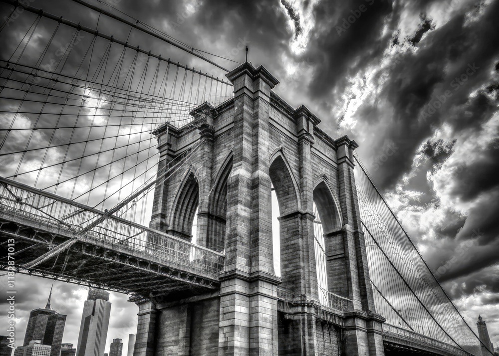 Obraz premium Black and white images immortalize the Brooklyn Bridge, a New York City icon.
