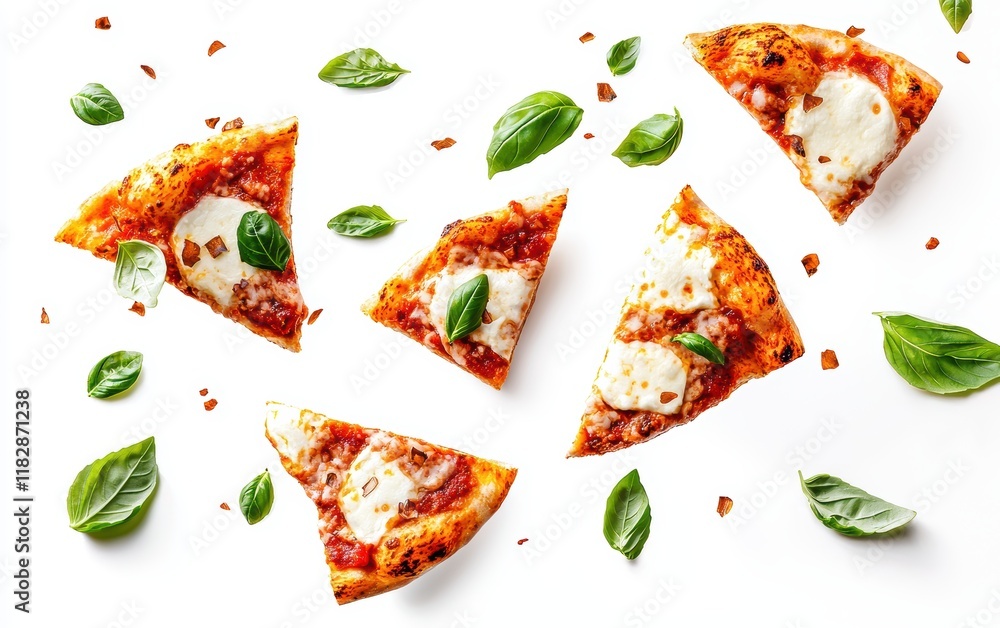 A crispy margherita pizza with flying slices of mozzarella and fresh basil leaves on a white background A crispy margherita pizza with flying slices of mozzarella and fresh basil leaves on a white background