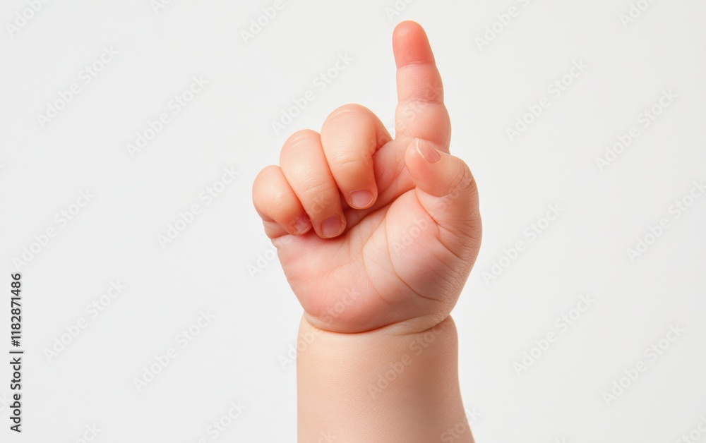 A childs hand with chubby fingers pointing upward, isolated on a clean white background A childs hand with chubby fingers pointing upward, isolated on a clean white background