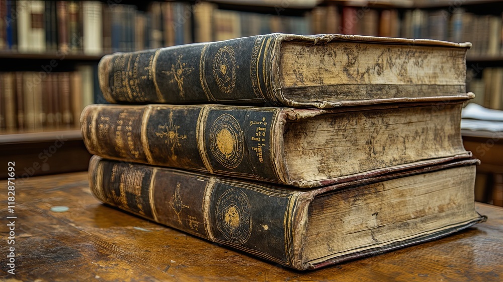 Old leather bound books stacked neatly on a wooden table in a quiet library Old leather bound books stacked neatly on a wooden table in a quiet library