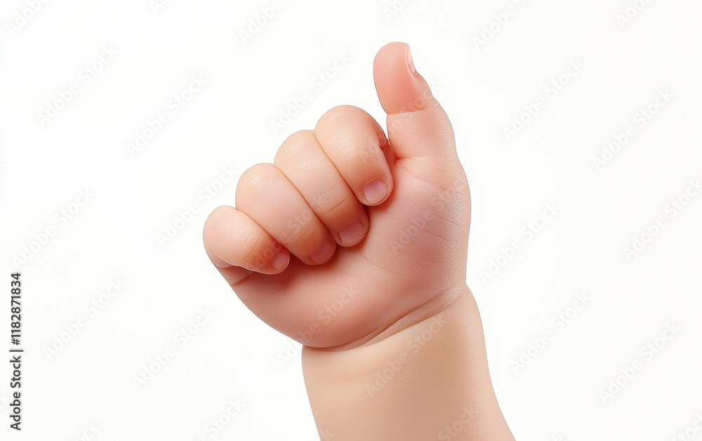 A childs hand with chubby fingers pointing upward, isolated on a clean white background A childs hand with chubby fingers pointing upward, isolated on a clean white background
