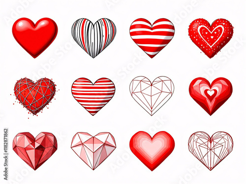 Diverse collection of red hearts in various textures and styles, symbolizing love and creativity.