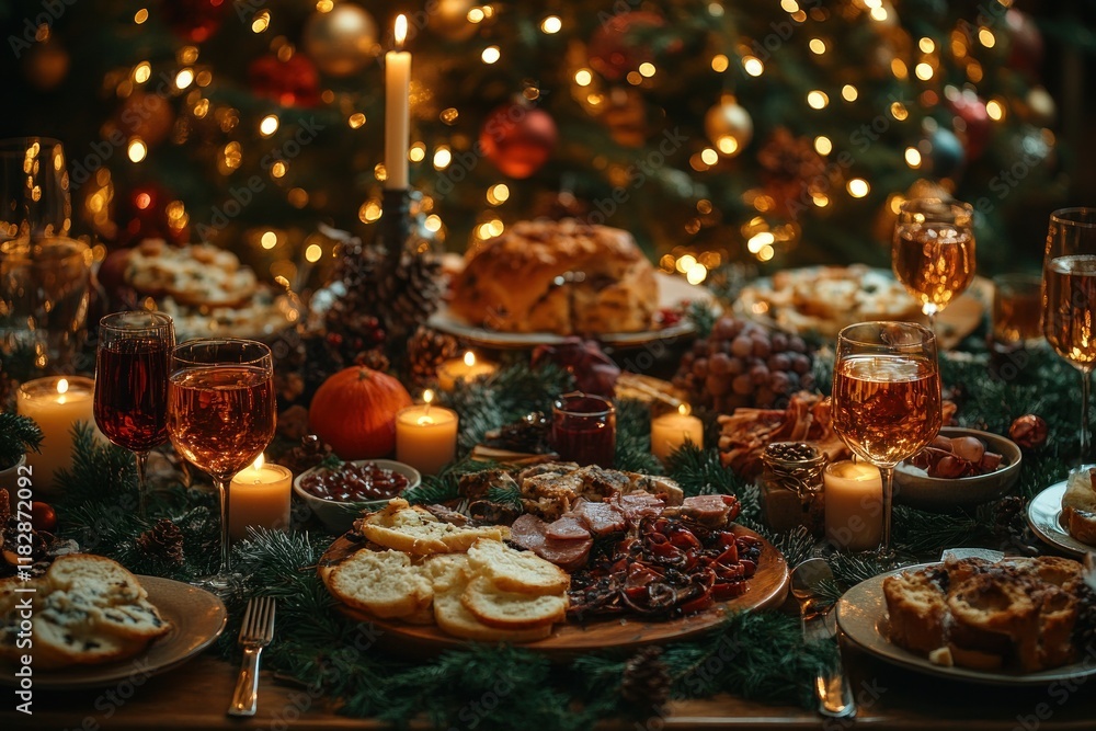 Festive Christmas Dinner Table with Turkey Cheese and Fruit Platters Candles and Champagne Glasses Festive Christmas Dinner Table with Turkey Cheese and Fruit Platters Candles and Champagne Glasses