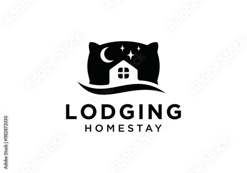 bed pillow with simple house design and moon night star vector logo