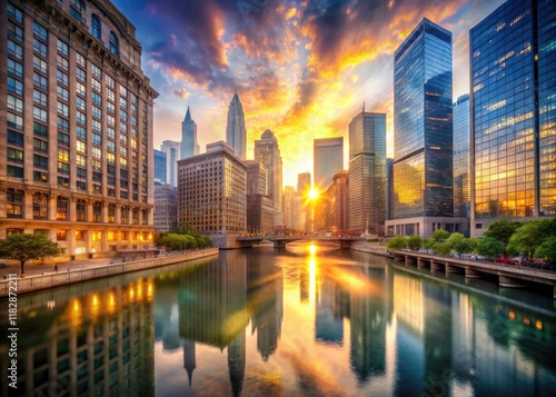 Double exposure captures Chicago's downtown: river, cityscape, architectural marvels, and the iconic Magnificent Mile.