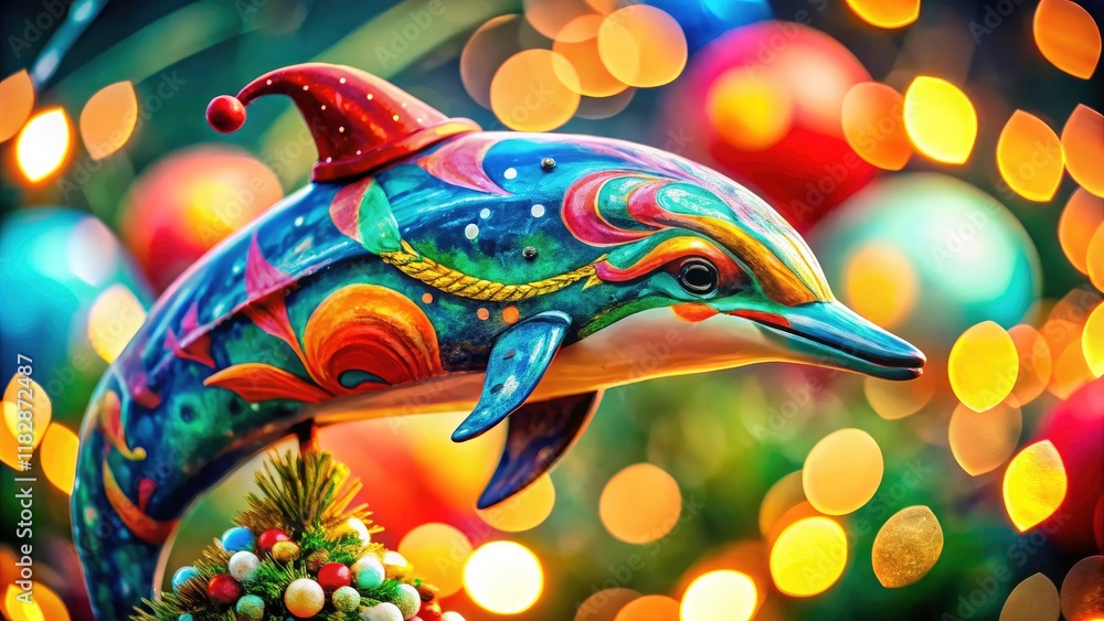 Fototapeta premium Download this vibrant macro Christmas dolphin watercolor PNG. High-resolution festive clipart for your holiday projects.