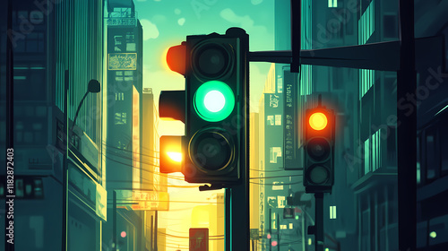 A traffic light with a clear view of the green light and surrounding street signs, highlighting an active and well-regulated intersection. Stonelight. Illustration photo