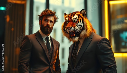 Tiger Headed Man Businessman Dramatic Portrait Moody Style photo