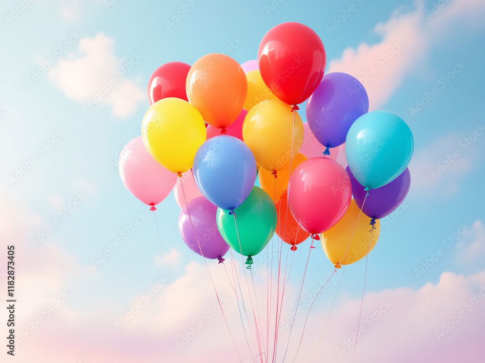 Colorful balloons floating against a light blue background. Colorful balloons floating against a light blue background.