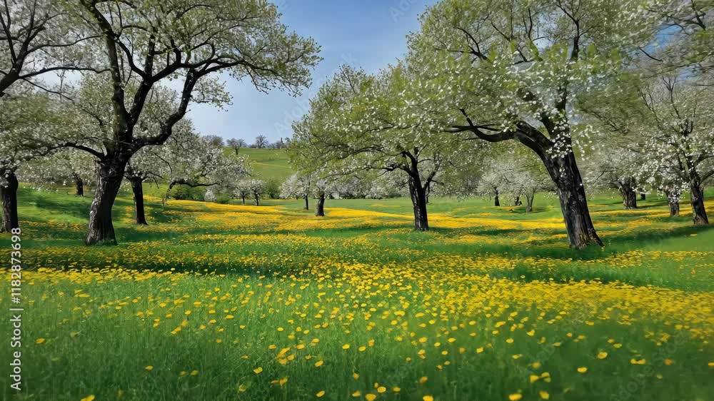 Spring meadow landscape with flowering trees and vibrant yellow flowers in full bloom under a clear blue sky Spring meadow landscape with flowering trees and vibrant yellow flowers in full bloom under a clear blue sky