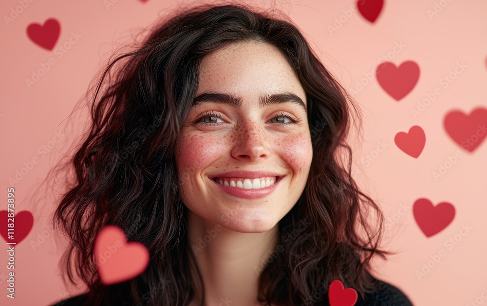 A close-up portrait of a smiling woman with soft pink lipstick, set against a pastel pink background with floating red hearts for Saint Valentines Day A close-up portrait of a smiling woman with soft pink lipstick, set against a pastel pink background with floating red hearts for Saint Valentines Day