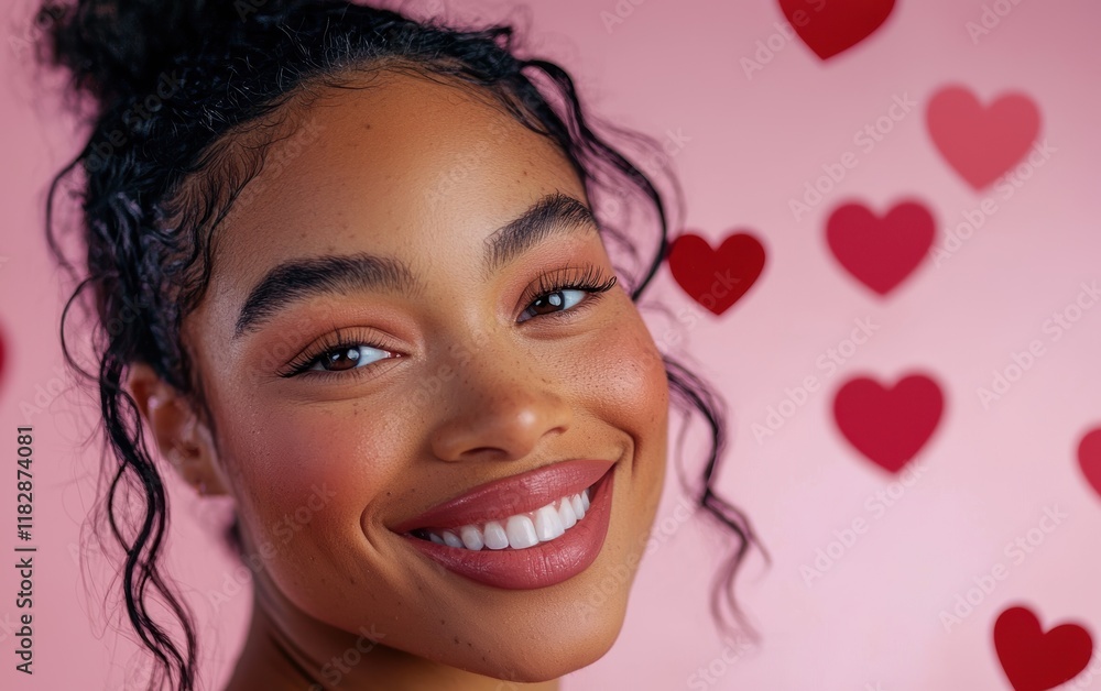 A close-up portrait of a smiling woman with soft pink lipstick, set against a pastel pink background with floating red hearts for Saint Valentines Day A close-up portrait of a smiling woman with soft pink lipstick, set against a pastel pink background with floating red hearts for Saint Valentines Day